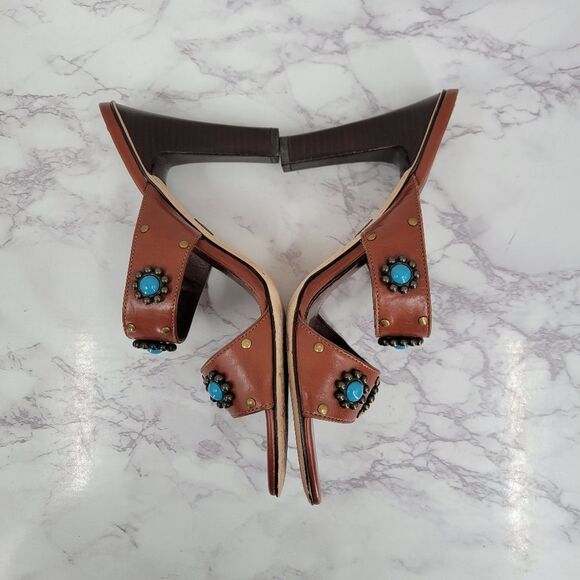 J Vincent Brown Heeled Sandals with Faux Turquoise Brass Studs Accents - Picture 6 of 12